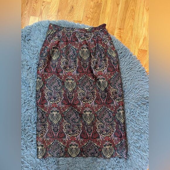 Vintage Corporate Woman Paisley Print Midi Pure Silk Skirt - Picture 1 of 7